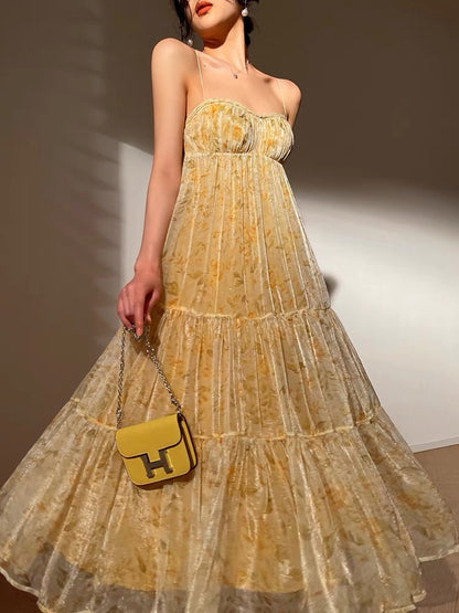 Aconiconi｜Fan Xia Qing Huan French Tea Break Floral Holiday Style High-end Large Swing Tube Top Sling Dress