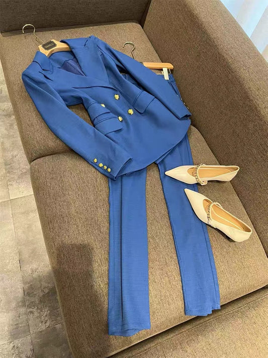 VANLU walking with aura style ~ fashionable commuter suit ~ double-breasted metal button slim suit + straight pants 1720