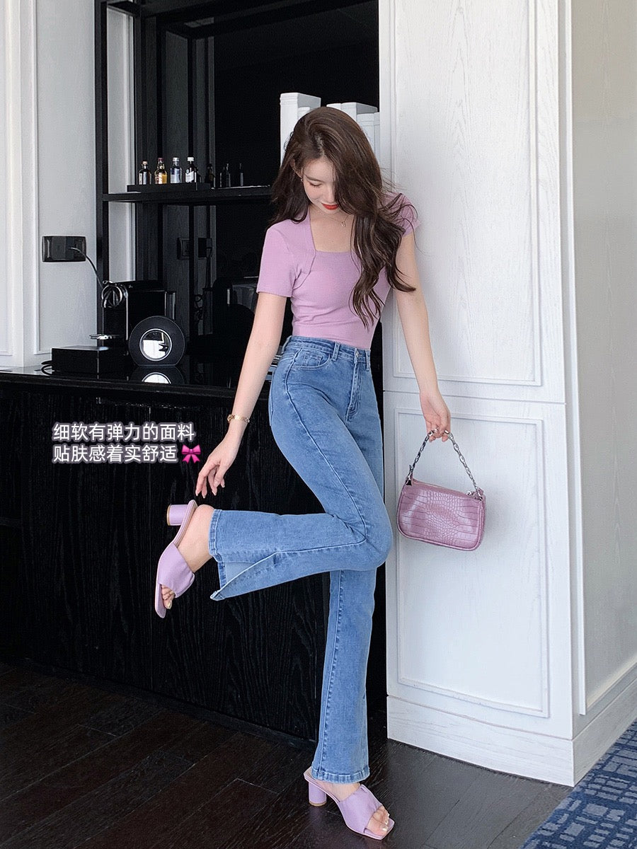 Mrs. Island Song Spring Dress 2023 New Women's Slit Slim Flared Jeans High Waist Light Color Long Pants