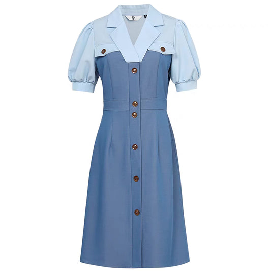 2022 summer new fashion suit collar lantern sleeves two-color splicing waist A swing denim blue dress