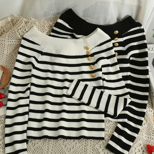 Korean style metal buckle one-shoulder short long-sleeved striped sweater design sense niche retro slim fit and thin top