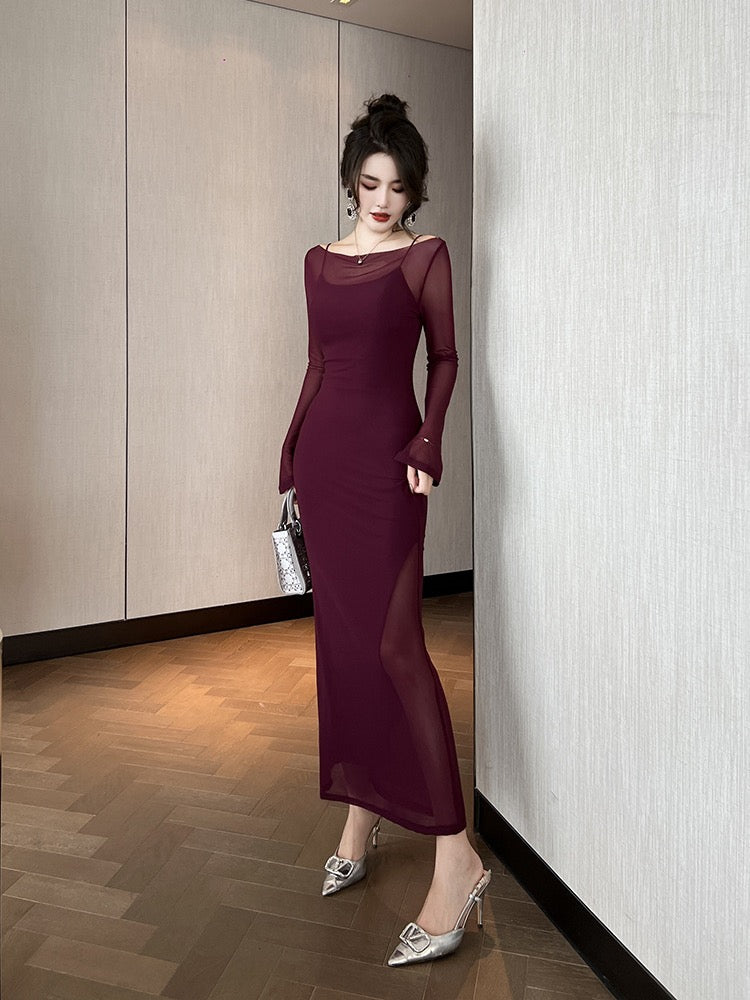 European station French Hepburn style high-end sexy royal sister sexy dress autumn and winter new slim fit slim blouse long skirt