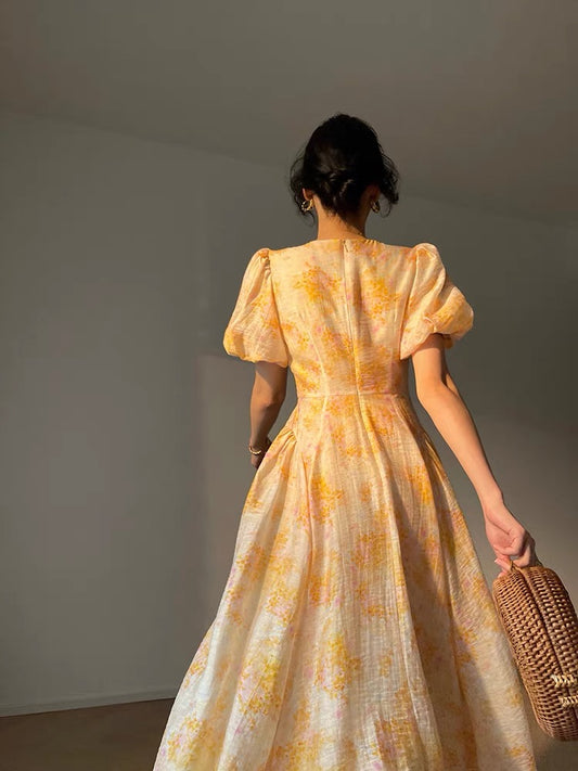 Aconiconi｜Oranger Whisper French Oil Painting Print High Sense Fashion Dress Puff Sleeve Midi Dress