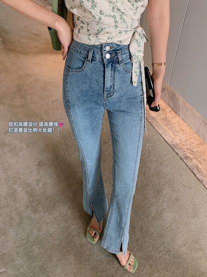 Mrs. Island song 2023 new jeans women's summer slit micro flared pants slim high waist straight long pants