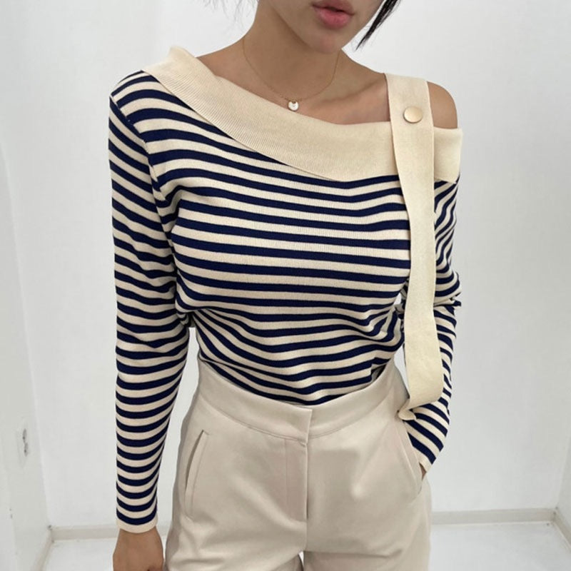 Korean chic autumn elegant niche slanted collar irregular off-shoulder design contrasting color striped loose long-sleeved sweater