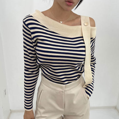 Korean chic autumn elegant niche slanted collar irregular off-shoulder design contrasting color striped loose long-sleeved sweater
