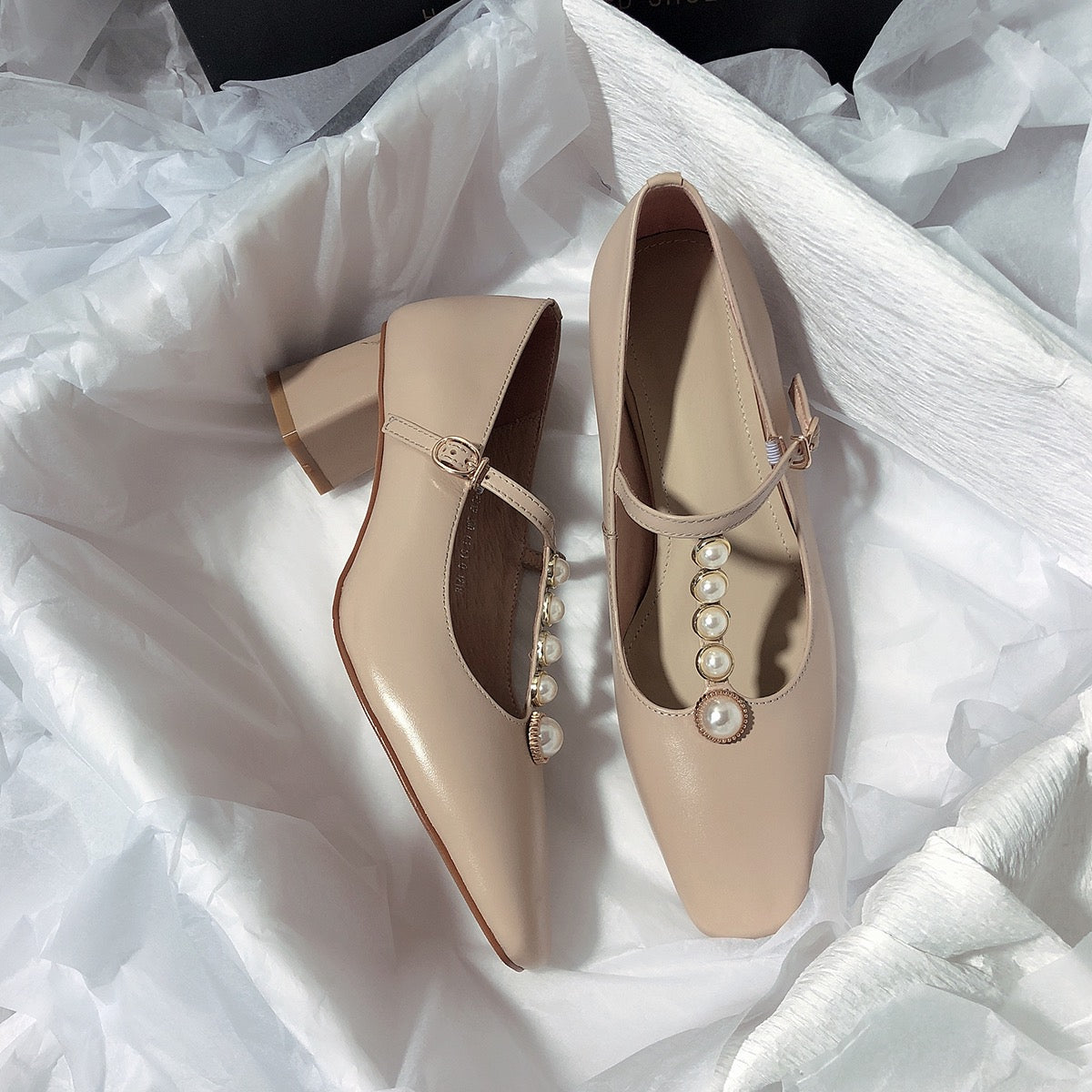 Senyu Haixiang 2023 new leather high-heeled literary T-shaped shoes retro pearl Korean version sweet all-match single shoes