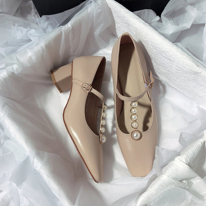 Senyu Haixiang 2023 new leather high-heeled literary T-shaped shoes retro pearl Korean version sweet all-match single shoes