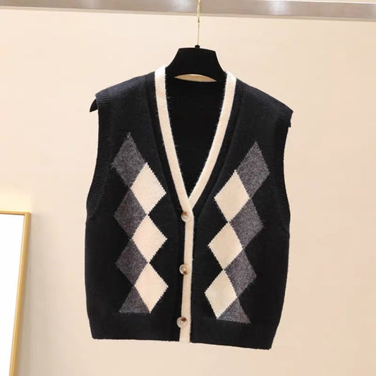 Brand discount women's clothing cutting label counters withdrawn foreign trade knitwear vest women's V-neck contrast color diamond layered cardigan
