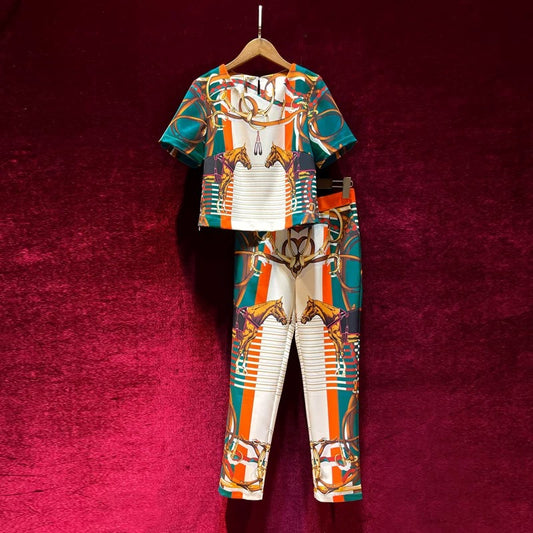 2022 summer new women's fashion temperament pants suit women's high-end retro printing slimming two-piece suit
