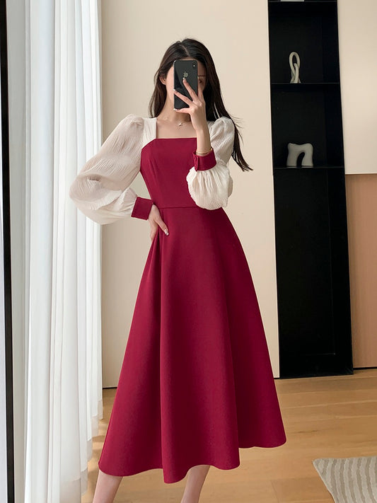 Guoge custom red dress female 2023 spring new square collar French retro slim Hepburn style engagement dress