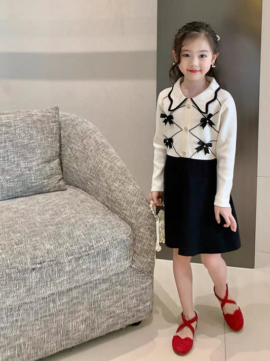 Original Girls Children's Clothing Small Fragrance Knitted Dress Children's Autumn New Doll Collar Bow Knot Wool Skirt