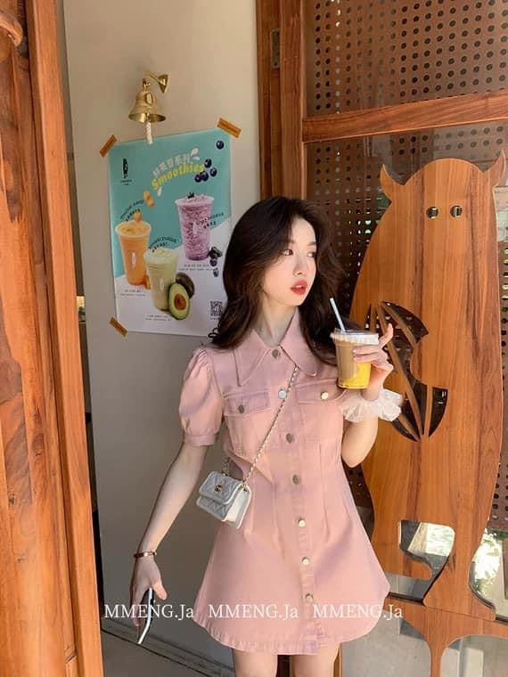 MMENGJA "Summer Sweetheart ゝ Pink Shirt Dress Slim Polo Collar Pure Desire Summer A-line Short Dress