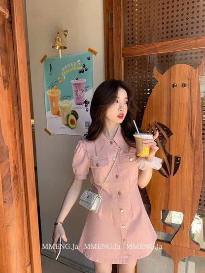 MMENGJA "Summer Sweetheart ゝ Pink Shirt Dress Slim Polo Collar Pure Desire Summer A-line Short Dress
