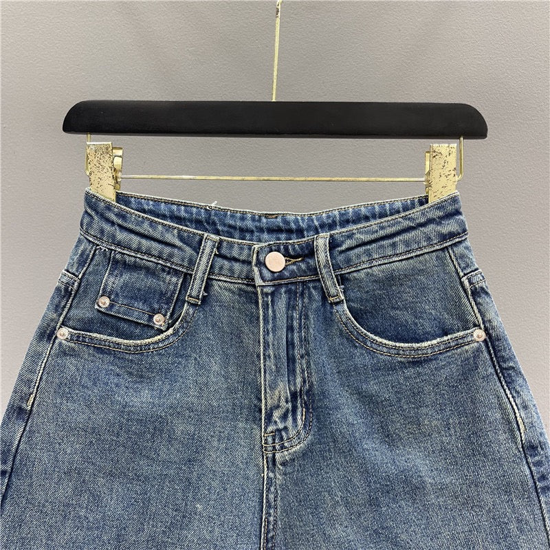 Retro washed blue denim five-point pants women's 2023 summer new high waist and slim A-line wide-leg pants