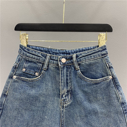 Retro washed blue denim five-point pants women's 2023 summer new high waist and slim A-line wide-leg pants
