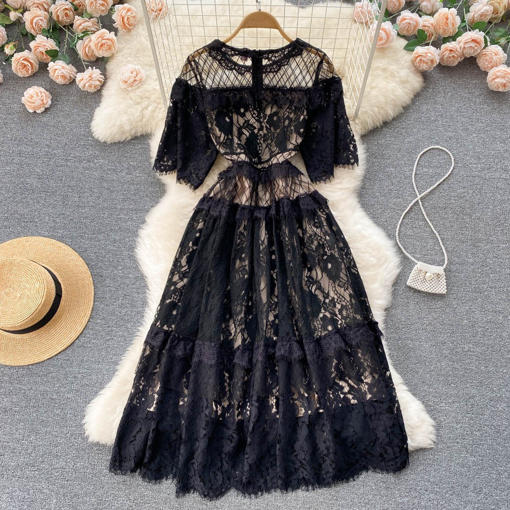 2022 spring and summer new lace lace dress female design sense niche loose waist temperament dress long skirt