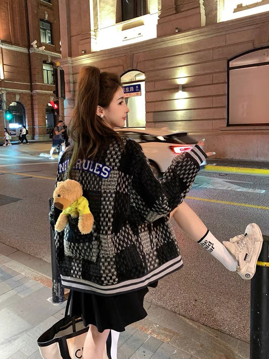 Xiaoxiangfeng baseball jacket women's autumn and winter loose American tide brand design sense plaid bear jacket oversize