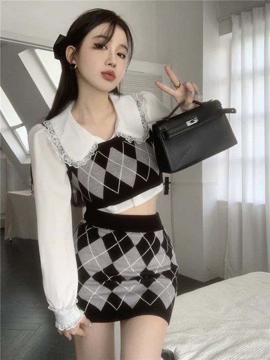 Korean drama school style hot girl Lingge vest vest top female autumn sweet and spicy style suit bag hip skirt two-piece set