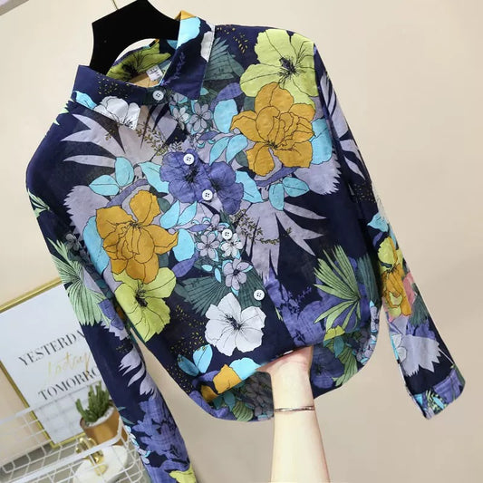 Genuine women's printed shirt women's retro spring and autumn loose cotton and linen floral top women's summer long sleeves