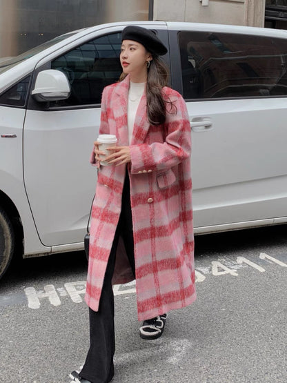 Pink imitation cashmere woolen coat women's winter thickened 2022 new Korean high-grade wool long woolen coat