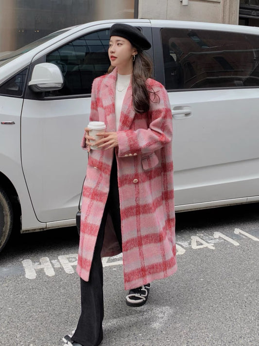 Pink imitation cashmere woolen coat women's winter thickened 2022 new Korean high-grade wool long woolen coat