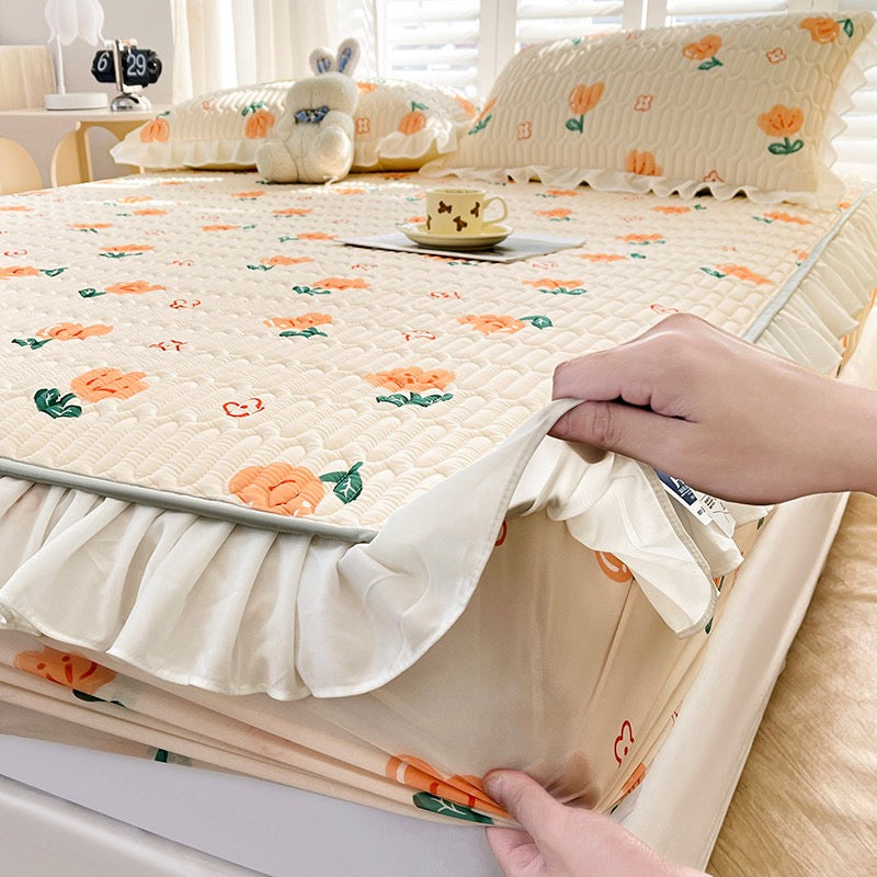 Lace Latex Mat Fitted Sheet Three-piece Set Ins Machine Washable Single Mattress Air Conditioning Soft Mat Class A Summer