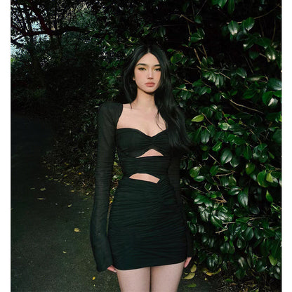Black Slim Dress Temperament Goddess Fan 2022 Autumn New Style Hollow Design Sense Niche Skirt Short Section
