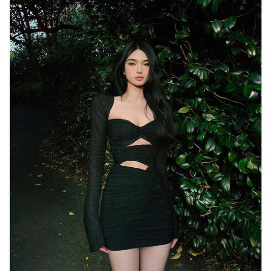 Black Slim Dress Temperament Goddess Fan 2022 Autumn New Style Hollow Design Sense Niche Skirt Short Section