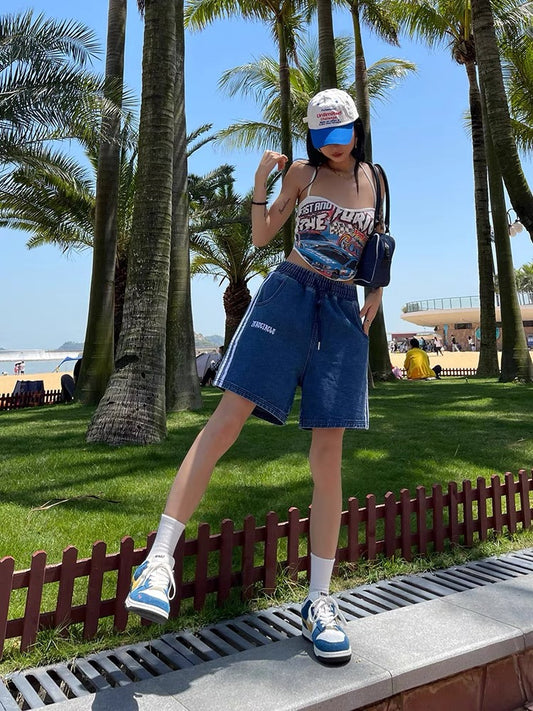 Wild zero denim shorts women's summer American retro high-waisted loose and thin sports wide-leg casual five-point pants