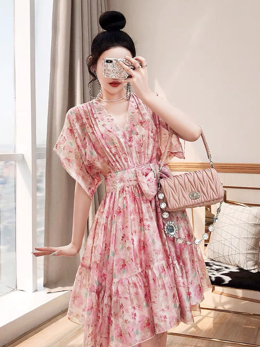 The skirt is gentle and small waist women's clothing 2022 new design sense age-reducing organza floral summer dress