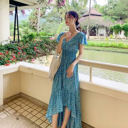 2022 new beach skirt super fairy Bali blue backless sexy Sanya seaside holiday long skirt dress female