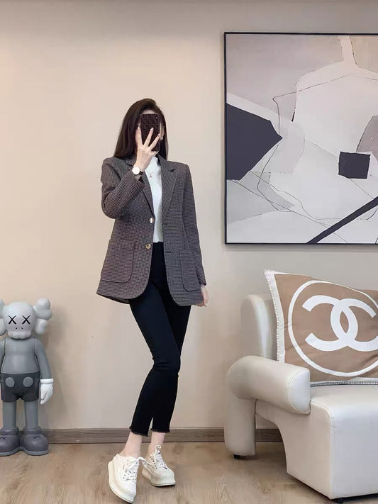 2022 autumn and winter new French temperament light familiar style loose and thin high-end fashion casual houndstooth suit jacket