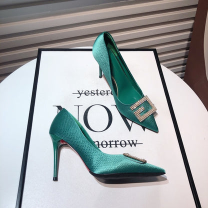 Design sense niche temperament rhinestone square buckle pointed toe high-heeled evening dress shoes Korean version of hot mom fairy style stiletto shoes