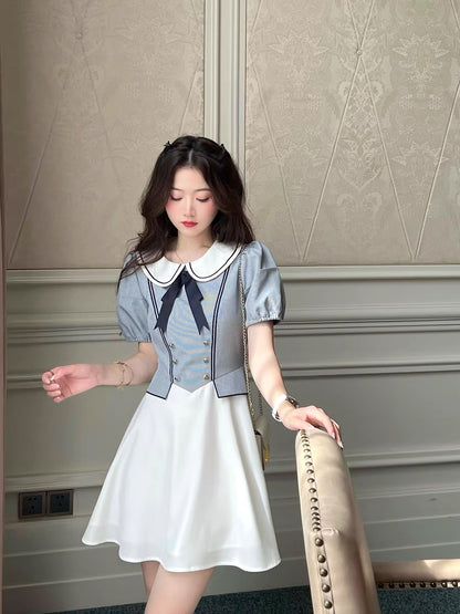 Q girl's family Milan girl/court daughter style pattern fake two-piece design dress summer retro puff sleeves
