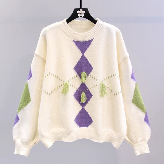 Small fresh diamond-shaped sweater women's autumn and winter 2022 new loose and lazy style design pullover sweater top