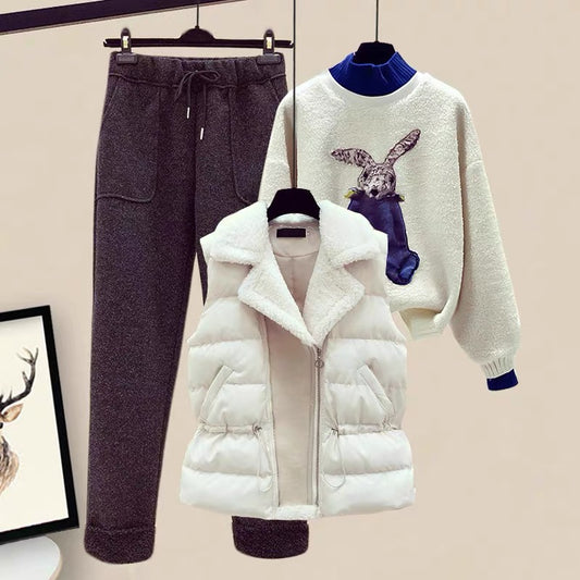 Winter three-piece set Western style plus velvet thick sweater vest woolen pants fashion age-reducing suit 2022 new women 1812