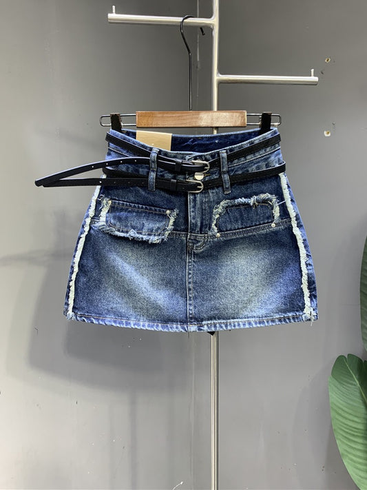 2023 spring new dark blue raw-edged denim a-line skirt small man showing legs long double belt skirt