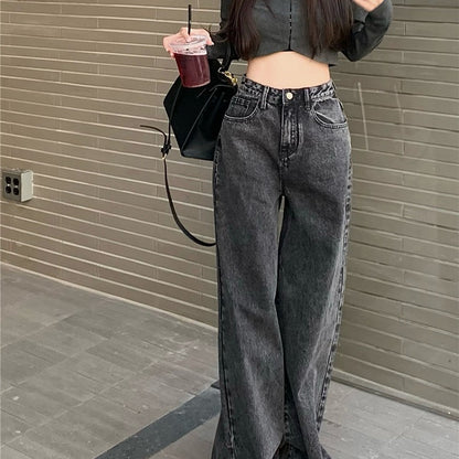 Retro new wide-leg pants washed high waist loose slim mopping jeans autumn and winter women's button straight trousers