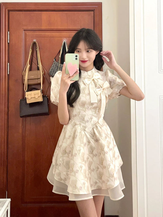New Chinese style slim waist tutu skirt women's summer new tea break French style foreign style sweet and spicy puff sleeve floral dress