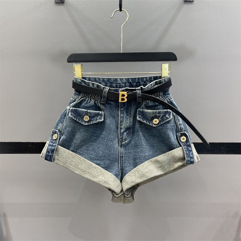 2023 Spring New Design Bud High Waist Denim Shorts Women Look Thin A-Line Wide Leg Casual Curling Hot Pants