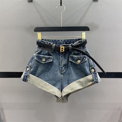 2023 Spring New Design Bud High Waist Denim Shorts Women Look Thin A-Line Wide Leg Casual Curling Hot Pants