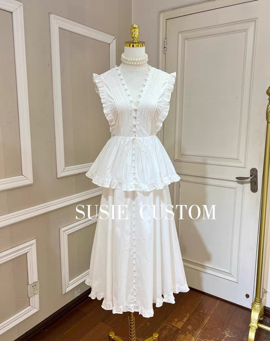 Fairy style pleated fungus edge pleated stitching lace single-breasted deep V-neck waist ruffled long skirt