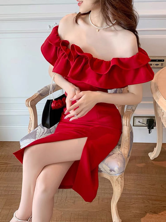 European station French red ruffled one-shoulder dress women's summer high-end temperament slim light luxury dress