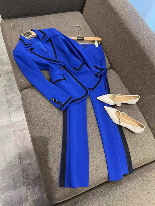 VANLU niche high-end tone fashionable line sense contrast color edge slim suit + wide leg pants suit women 1619
