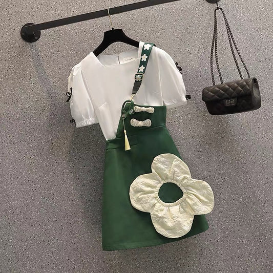 Large size women's clothing 2022 summer new style slightly fat sister cover the flesh and look thin shirt strap skirt two-piece suit