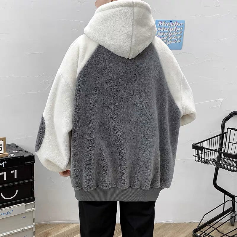 Autumn and winter Hong Kong style plus velvet thickened lamb velvet sweater men's color contrast stitching hooded jacket ins trend cotton hoodie