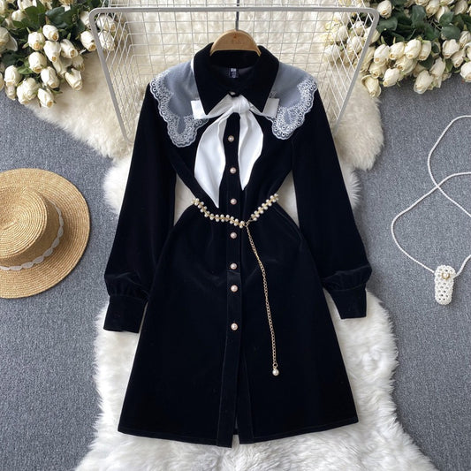 Autumn and winter bowknot lace navy collar French single-breasted velvet dress female A-line princess dress little black dress