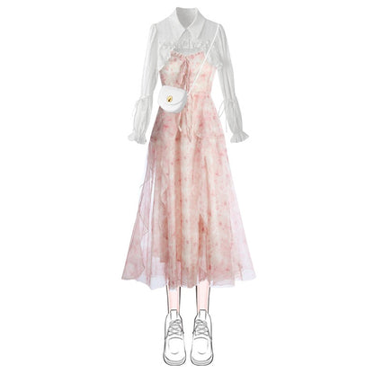 Chic sweet and spicy very fairy irregular floral dress autumn new shirt 2023 new waist waist suspender skirt female