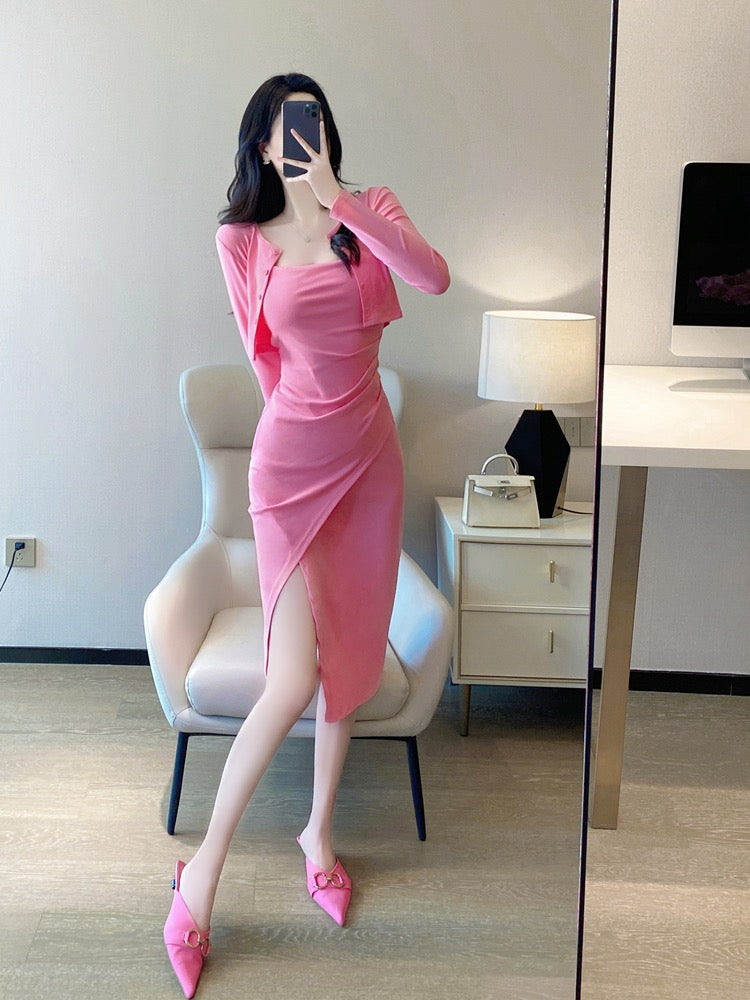 Pink suspender dress suit 2023 spring and autumn new temperament celebrity pure desire style sexy mid-length two-piece set